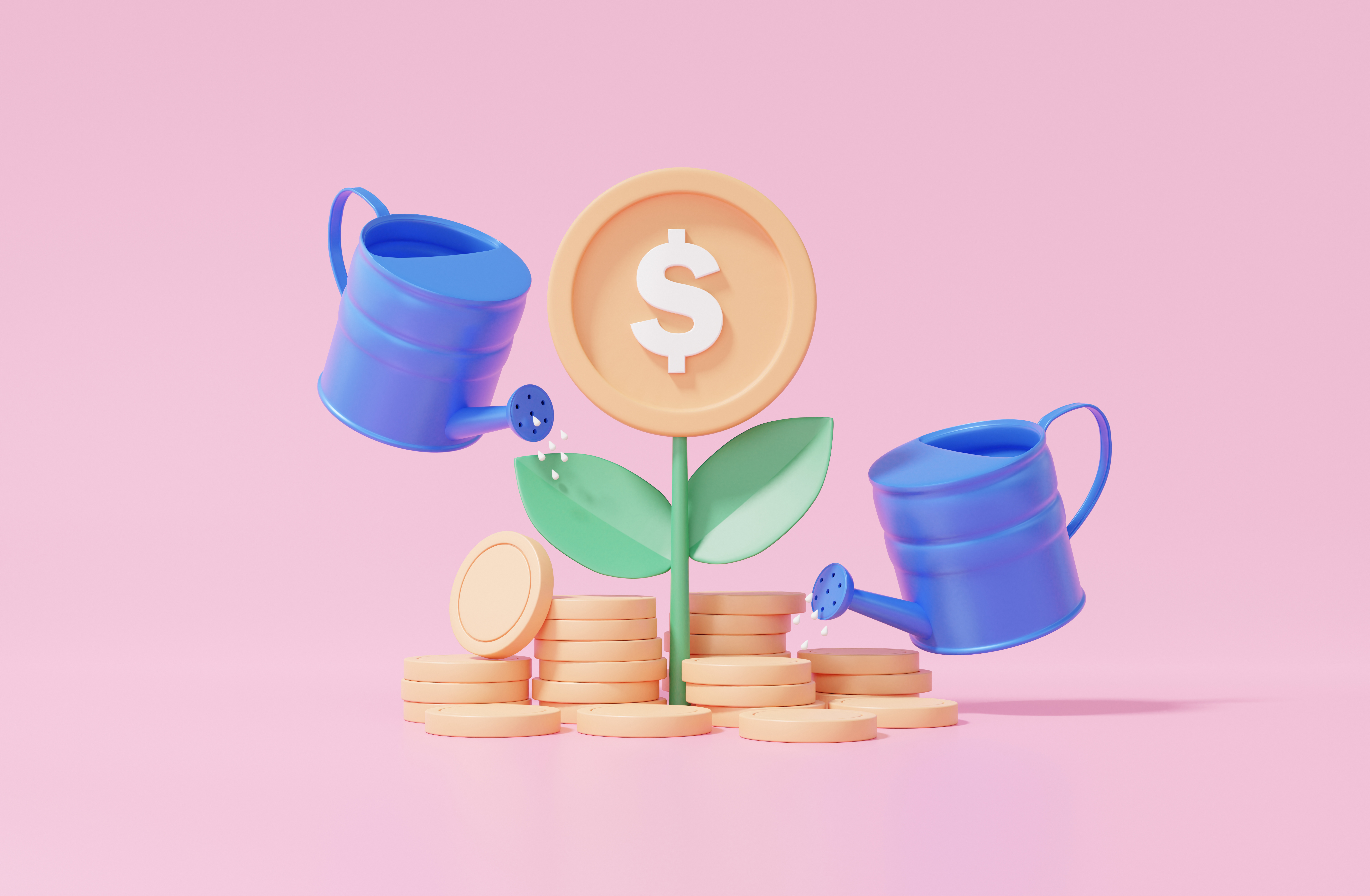 Watering can cartoon minimal showing financial stacks coins growing investment with tree interest on money Business development profit concept. 3d render illustration