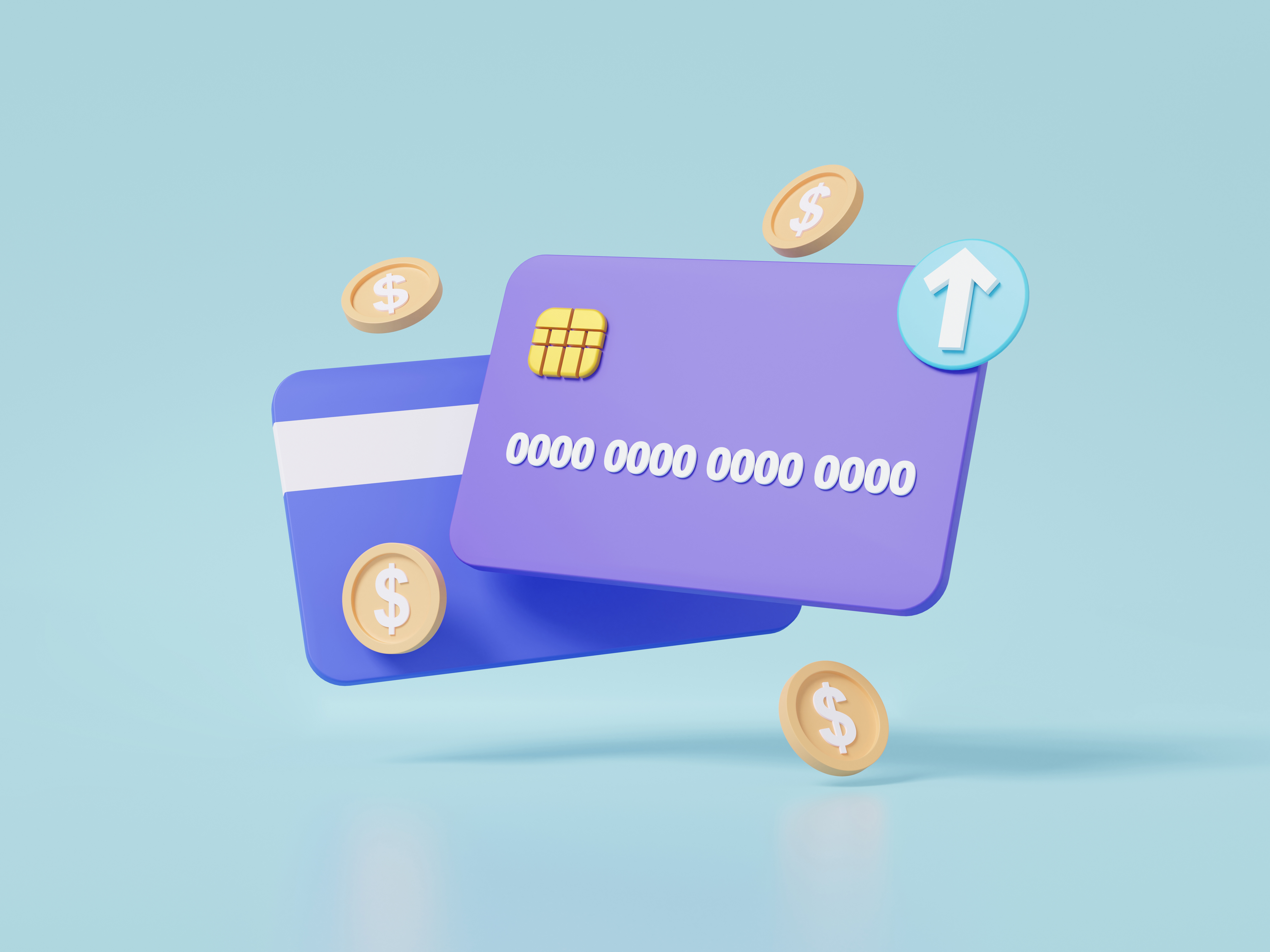 3D arrow growth credit or debit card concept with coins buy sell  online payments money transfer Financial transactions. grow dollar currency exchange. minimal cartoon. 3d rendering illustration