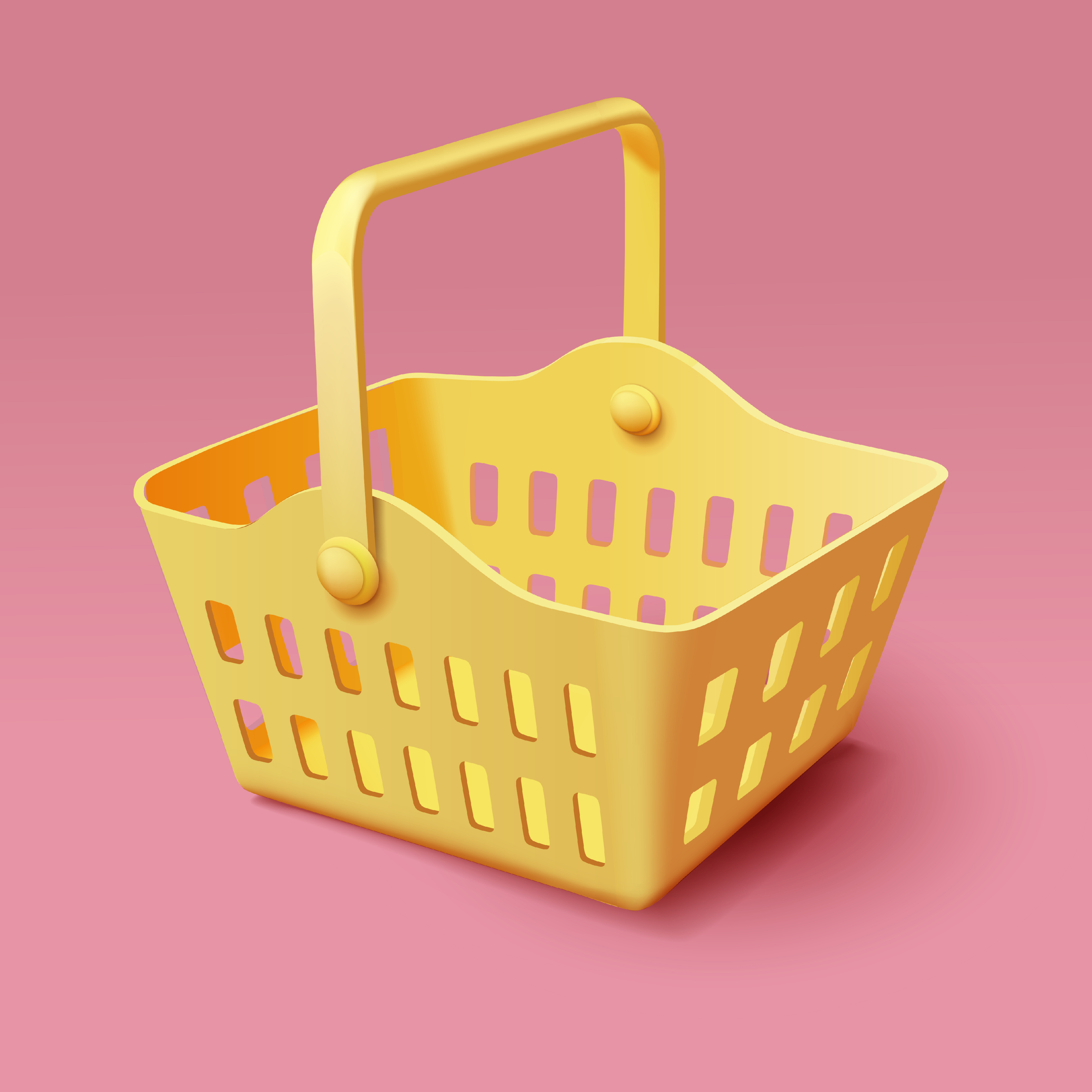 Vector realistic yellow shopping basket on pink background. 3d matte render of supermarket basket for retail design. e-commerce, e-grocery, shopping and customers 3d icon.